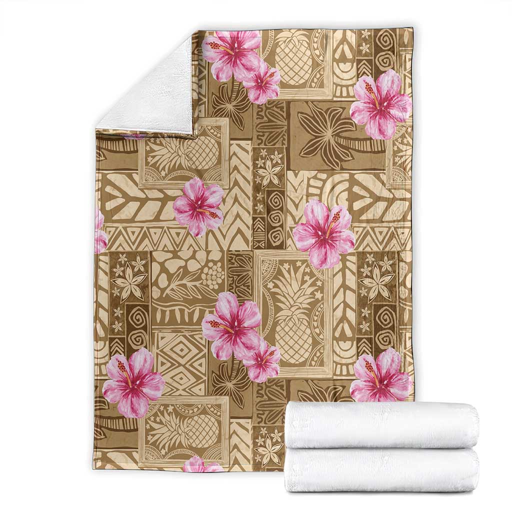 Beige Hawaii Hibiscus With Tropical Flowers Motifs Blanket - Polynesian Pride