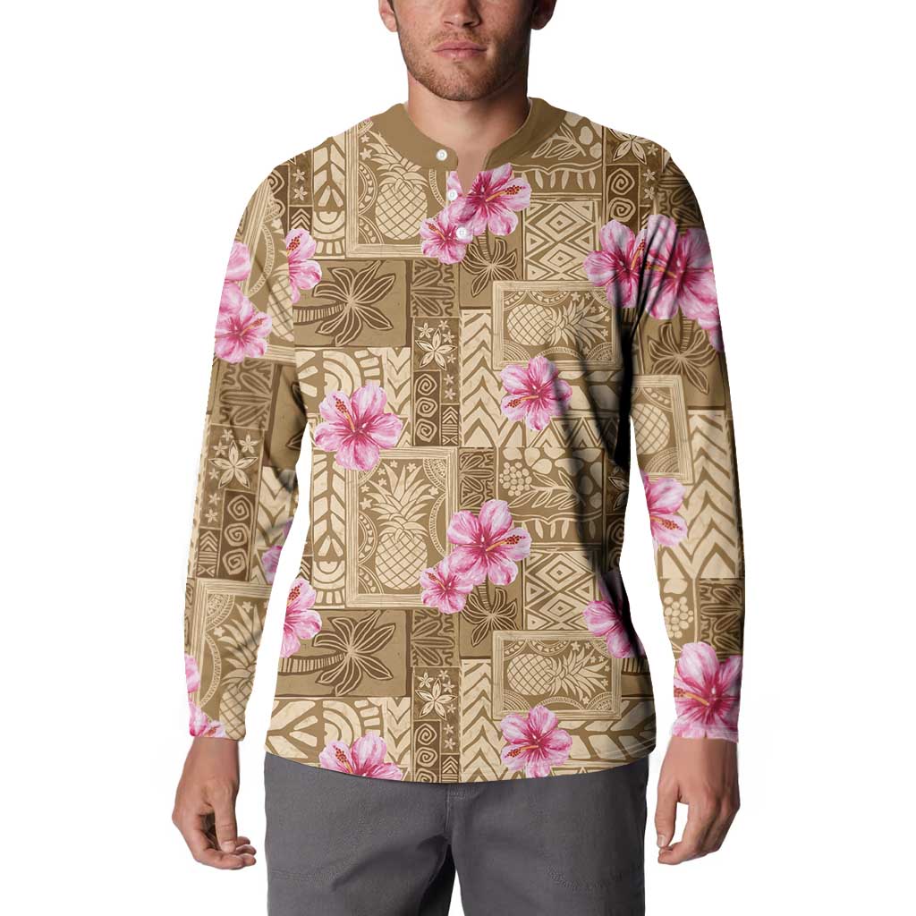 Beige Hawaii Hibiscus With Tropical Flowers Motifs Button Sweatshirt - Polynesian Pride