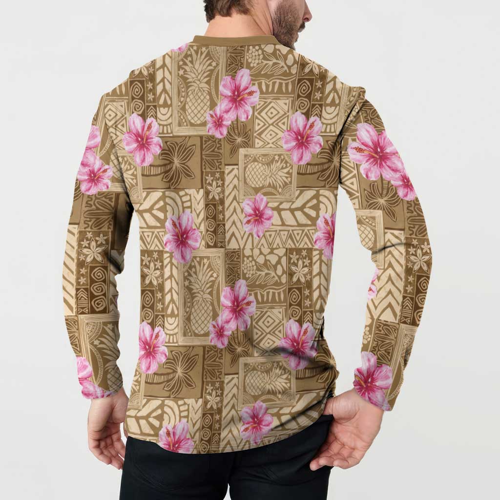 Beige Hawaii Hibiscus With Tropical Flowers Motifs Button Sweatshirt - Polynesian Pride