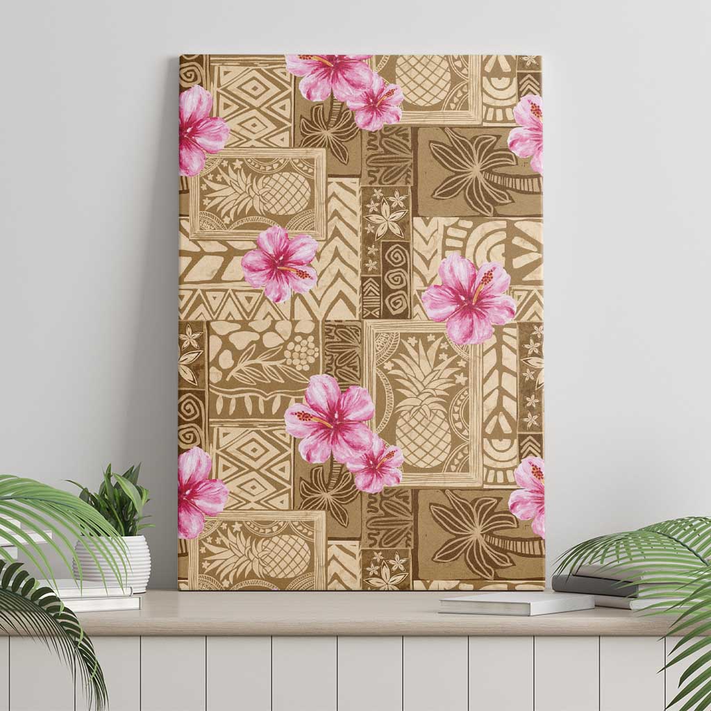 Beige Hawaii Hibiscus With Tropical Flowers Motifs Canvas Wall Art - Polynesian Pride
