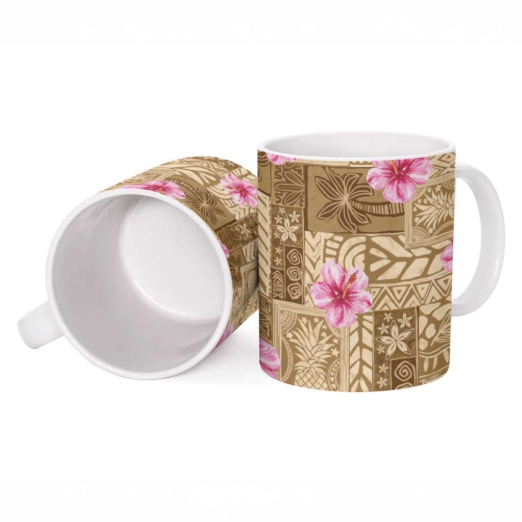 Beige Hawaii Hibiscus With Tropical Flowers Motifs Ceramic Mug - Polynesian Pride