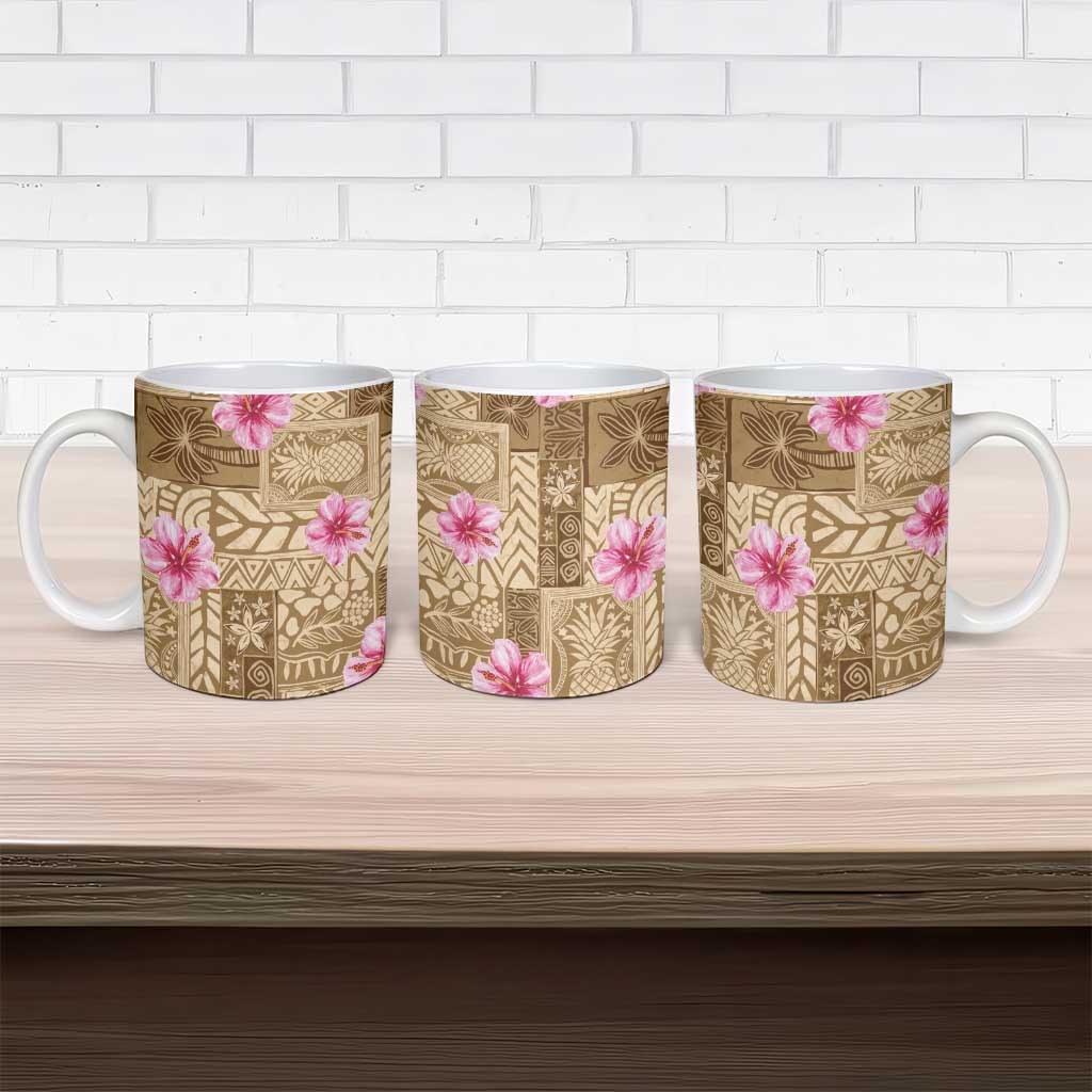 Beige Hawaii Hibiscus With Tropical Flowers Motifs Ceramic Mug - Polynesian Pride
