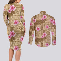 Beige Hawaii Hibiscus With Tropical Flowers Motifs Couples Matching Long Sleeve Bodycon Dress and Long Sleeve Button Shirt - Polynesian Pride