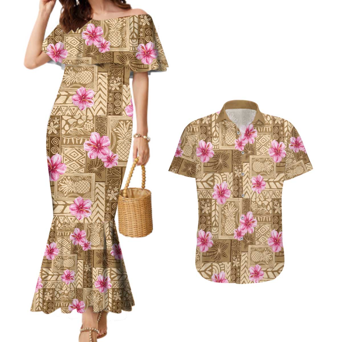 Beige Hawaii Hibiscus With Tropical Flowers Motifs Couples Matching Mermaid Dress and Hawaiian Shirt - Polynesian Pride