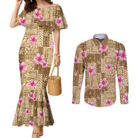 Beige Hawaii Hibiscus With Tropical Flowers Motifs Couples Matching Mermaid Dress and Long Sleeve Button Shirt - Polynesian Pride