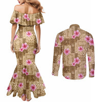 Beige Hawaii Hibiscus With Tropical Flowers Motifs Couples Matching Mermaid Dress and Long Sleeve Button Shirt - Polynesian Pride