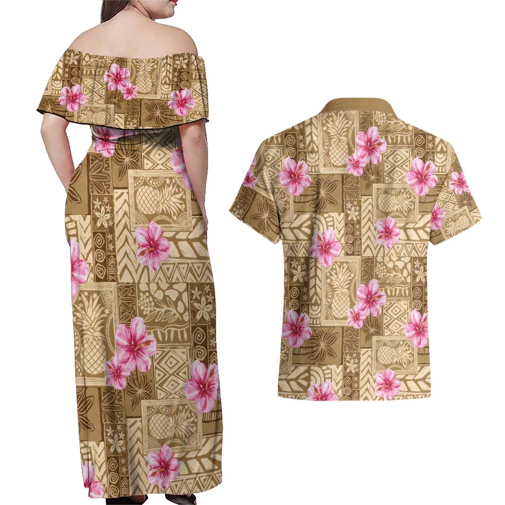 Beige Hawaii Hibiscus With Tropical Flowers Motifs Couples Matching Off Shoulder Maxi Dress and Hawaiian Shirt - Polynesian Pride