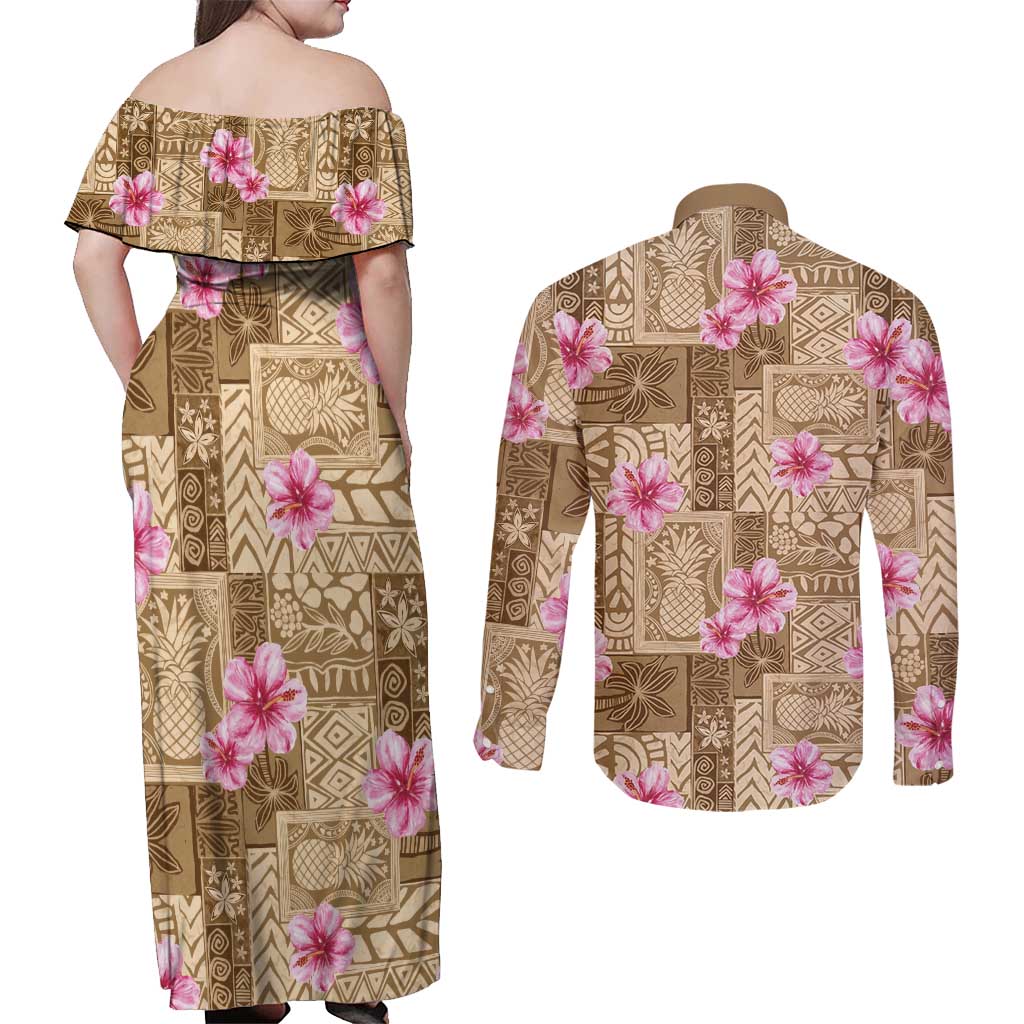 Beige Hawaii Hibiscus With Tropical Flowers Motifs Couples Matching Off Shoulder Maxi Dress and Long Sleeve Button Shirt - Polynesian Pride