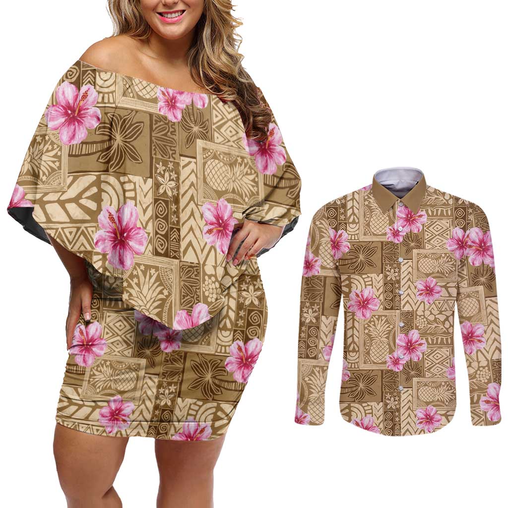 Beige Hawaii Hibiscus With Tropical Flowers Motifs Couples Matching Off Shoulder Short Dress and Long Sleeve Button Shirt - Polynesian Pride