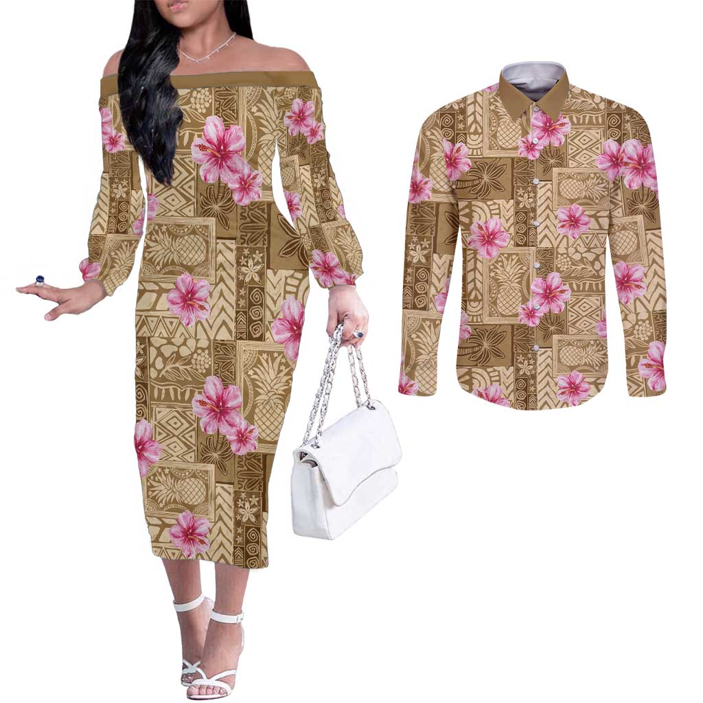Beige Hawaii Hibiscus With Tropical Flowers Motifs Couples Matching Off The Shoulder Long Sleeve Dress and Long Sleeve Button Shirt - Polynesian Pride