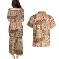 Beige Hawaii Hibiscus With Tropical Flowers Motifs Couples Matching Puletasi and Hawaiian Shirt - Polynesian Pride