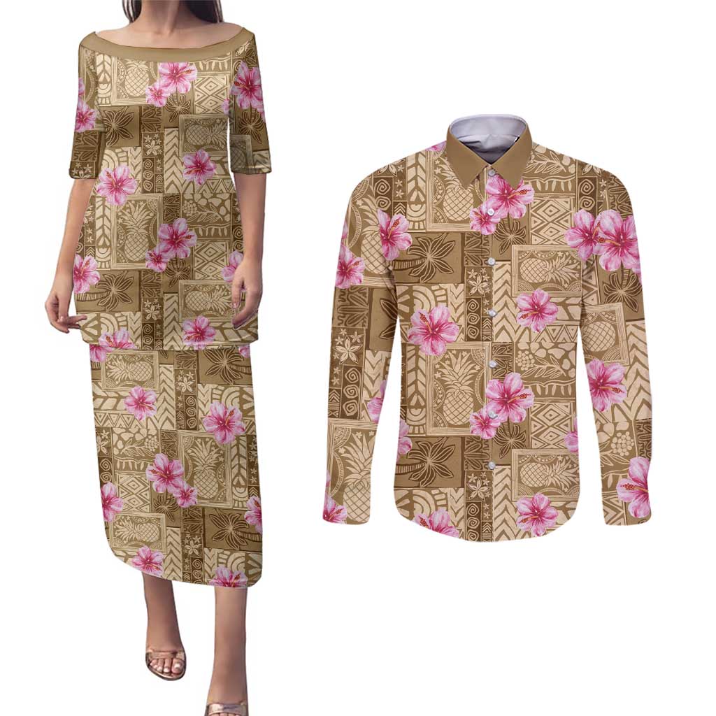 Beige Hawaii Hibiscus With Tropical Flowers Motifs Couples Matching Puletasi and Long Sleeve Button Shirt - Polynesian Pride