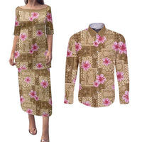 Beige Hawaii Hibiscus With Tropical Flowers Motifs Couples Matching Puletasi and Long Sleeve Button Shirt - Polynesian Pride