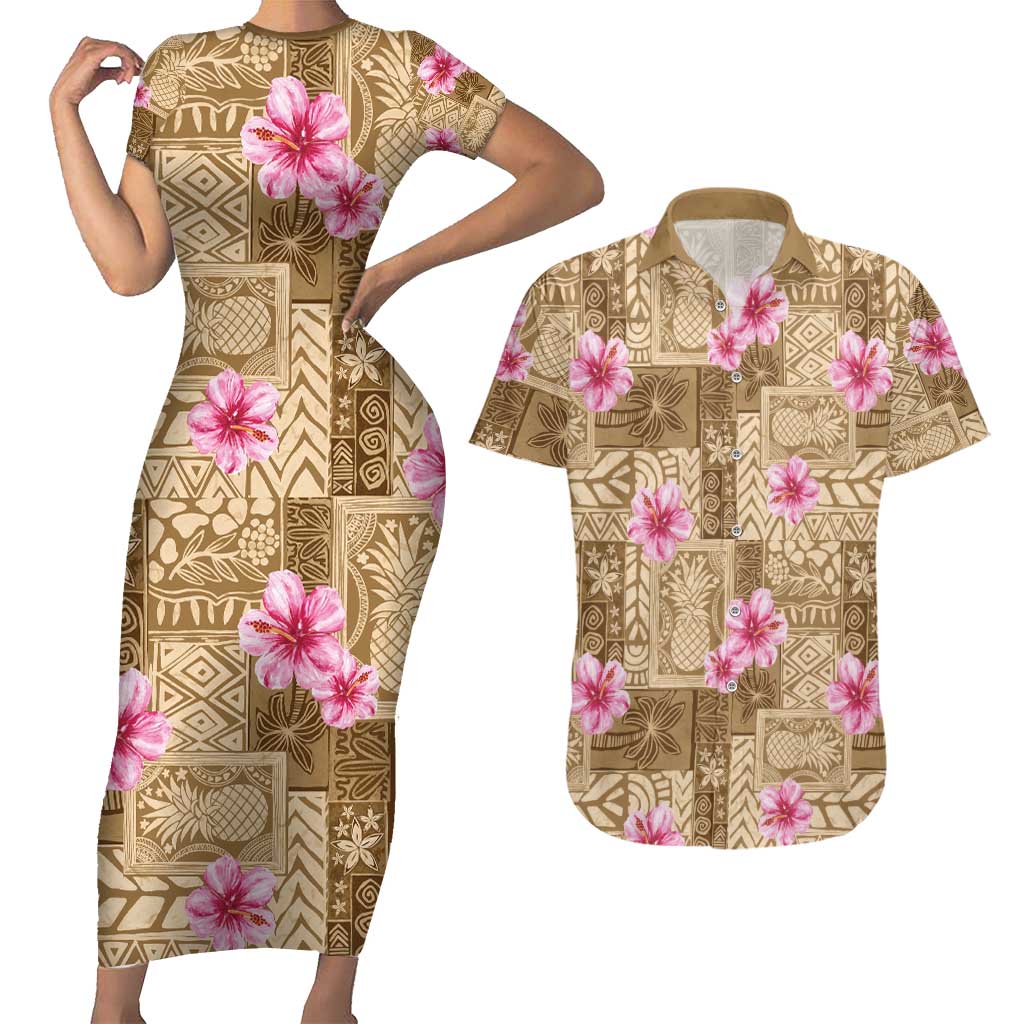 Beige Hawaii Hibiscus With Tropical Flowers Motifs Couples Matching Short Sleeve Bodycon Dress and Hawaiian Shirt - Polynesian Pride