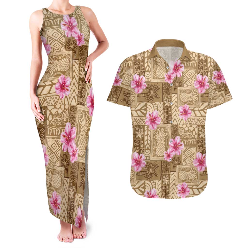 Beige Hawaii Hibiscus With Tropical Flowers Motifs Couples Matching Tank Maxi Dress and Hawaiian Shirt - Polynesian Pride