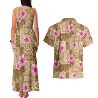 Beige Hawaii Hibiscus With Tropical Flowers Motifs Couples Matching Tank Maxi Dress and Hawaiian Shirt - Polynesian Pride