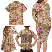 Beige Hawaii Hibiscus With Tropical Flowers Motifs Family Matching Long Sleeve Bodycon Dress and Hawaiian Shirt - Polynesian Pride