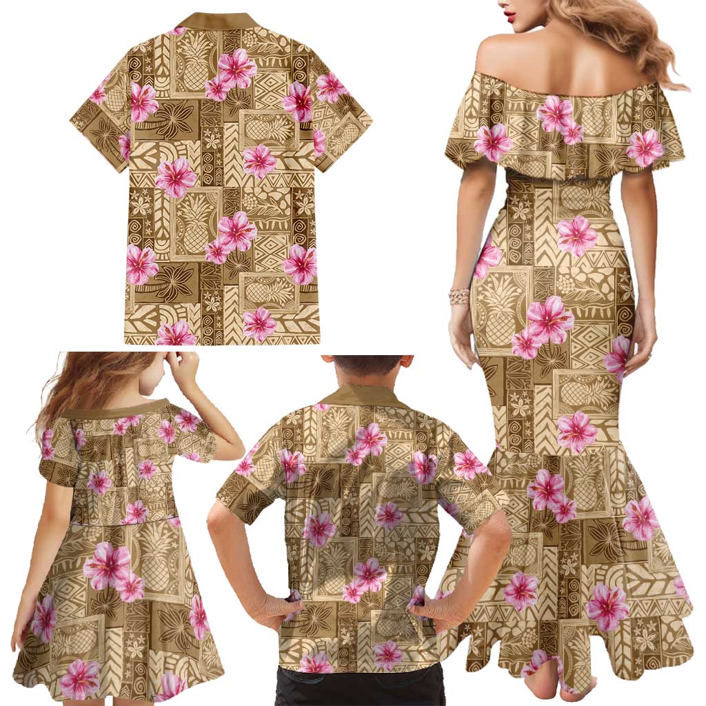 Beige Hawaii Hibiscus With Tropical Flowers Motifs Family Matching Mermaid Dress and Hawaiian Shirt - Polynesian Pride