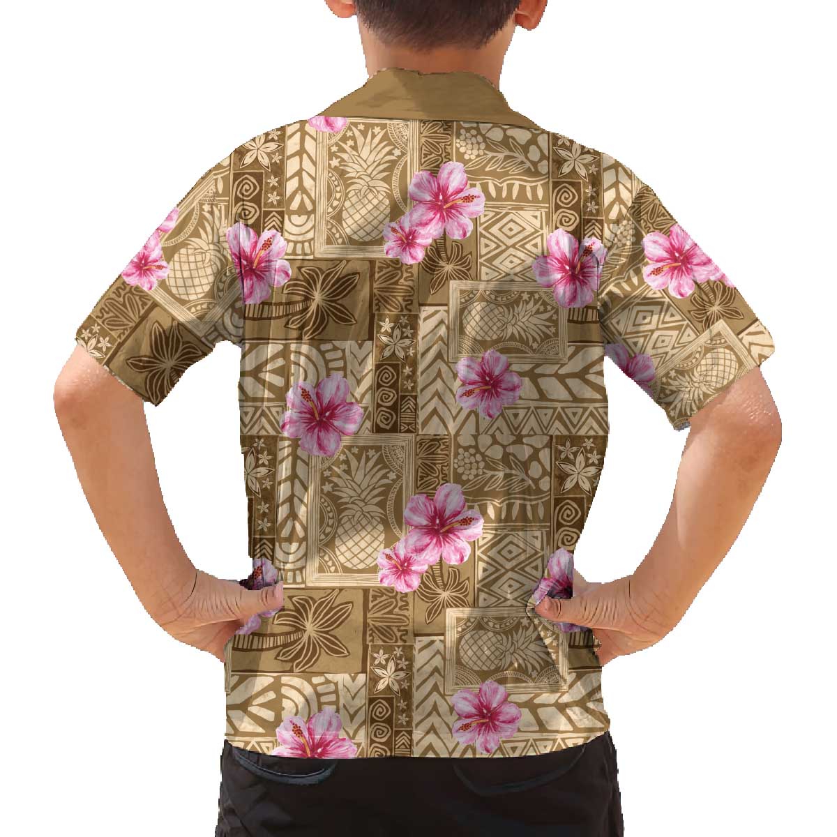 Beige Hawaii Hibiscus With Tropical Flowers Motifs Family Matching Off The Shoulder Long Sleeve Dress and Hawaiian Shirt LT14 - Polynesian Pride