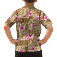 Beige Hawaii Hibiscus With Tropical Flowers Motifs Family Matching Off The Shoulder Long Sleeve Dress and Hawaiian Shirt LT14 - Polynesian Pride