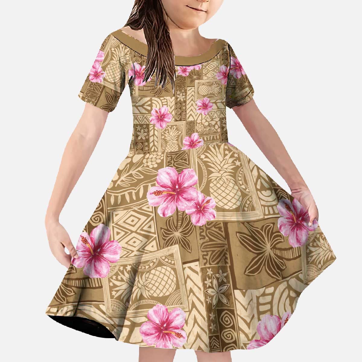 Beige Hawaii Hibiscus With Tropical Flowers Motifs Family Matching Off The Shoulder Long Sleeve Dress and Hawaiian Shirt LT14 Daughter's Dress Beige - Polynesian Pride