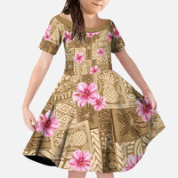 Beige Hawaii Hibiscus With Tropical Flowers Motifs Family Matching Off The Shoulder Long Sleeve Dress and Hawaiian Shirt LT14 Daughter's Dress Beige - Polynesian Pride