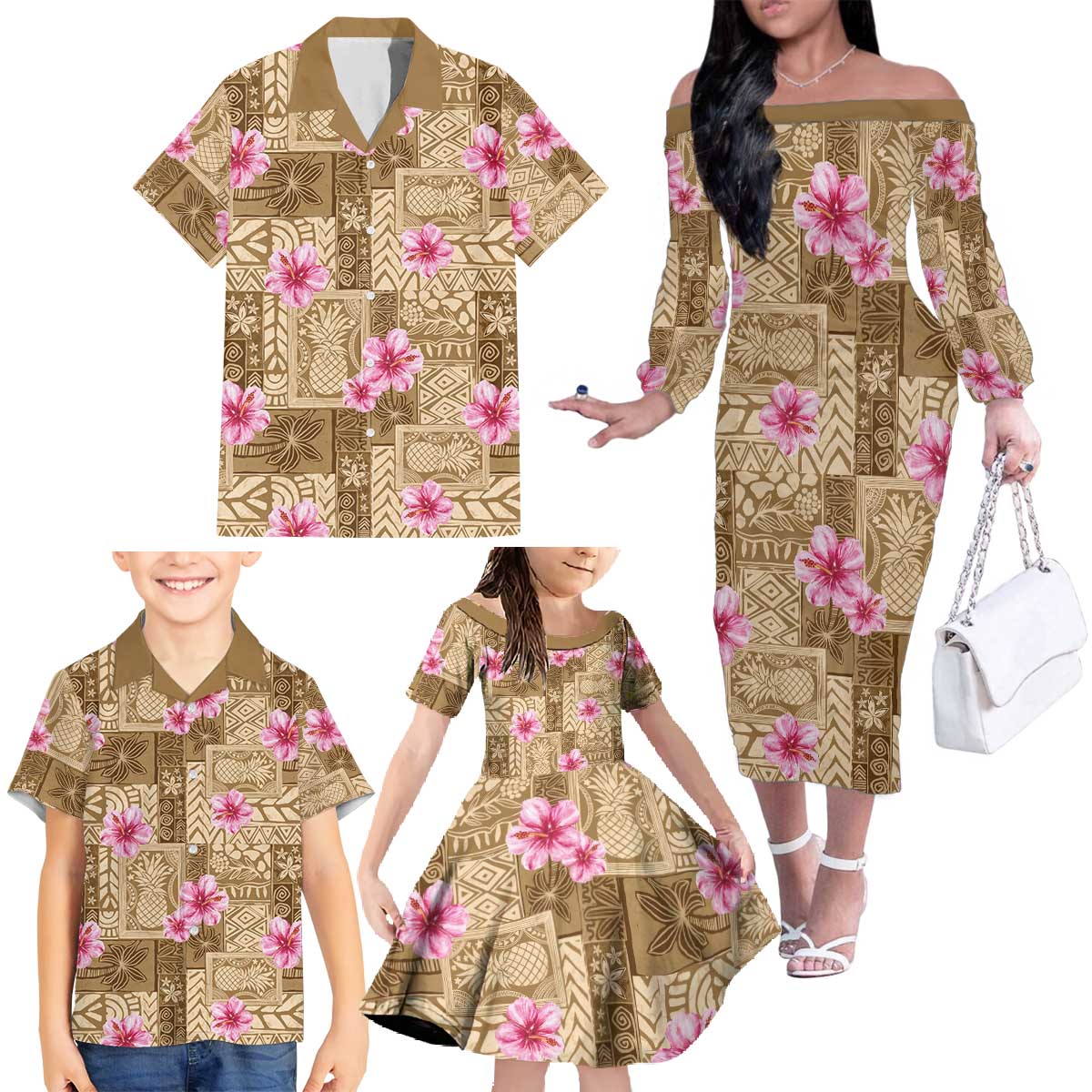 Beige Hawaii Hibiscus With Tropical Flowers Motifs Family Matching Off The Shoulder Long Sleeve Dress and Hawaiian Shirt LT14 - Polynesian Pride
