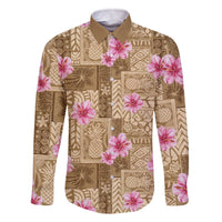 Beige Hawaii Hibiscus With Tropical Flowers Motifs Family Matching Off The Shoulder Long Sleeve Dress and Hawaiian Shirt LT14 Dad's Shirt - Long Sleeve Beige - Polynesian Pride