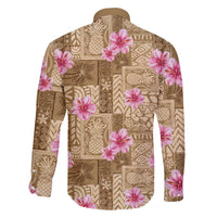 Beige Hawaii Hibiscus With Tropical Flowers Motifs Family Matching Off The Shoulder Long Sleeve Dress and Hawaiian Shirt LT14 - Polynesian Pride