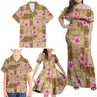 Beige Hawaii Hibiscus With Tropical Flowers Motifs Family Matching Off Shoulder Maxi Dress and Hawaiian Shirt - Polynesian Pride