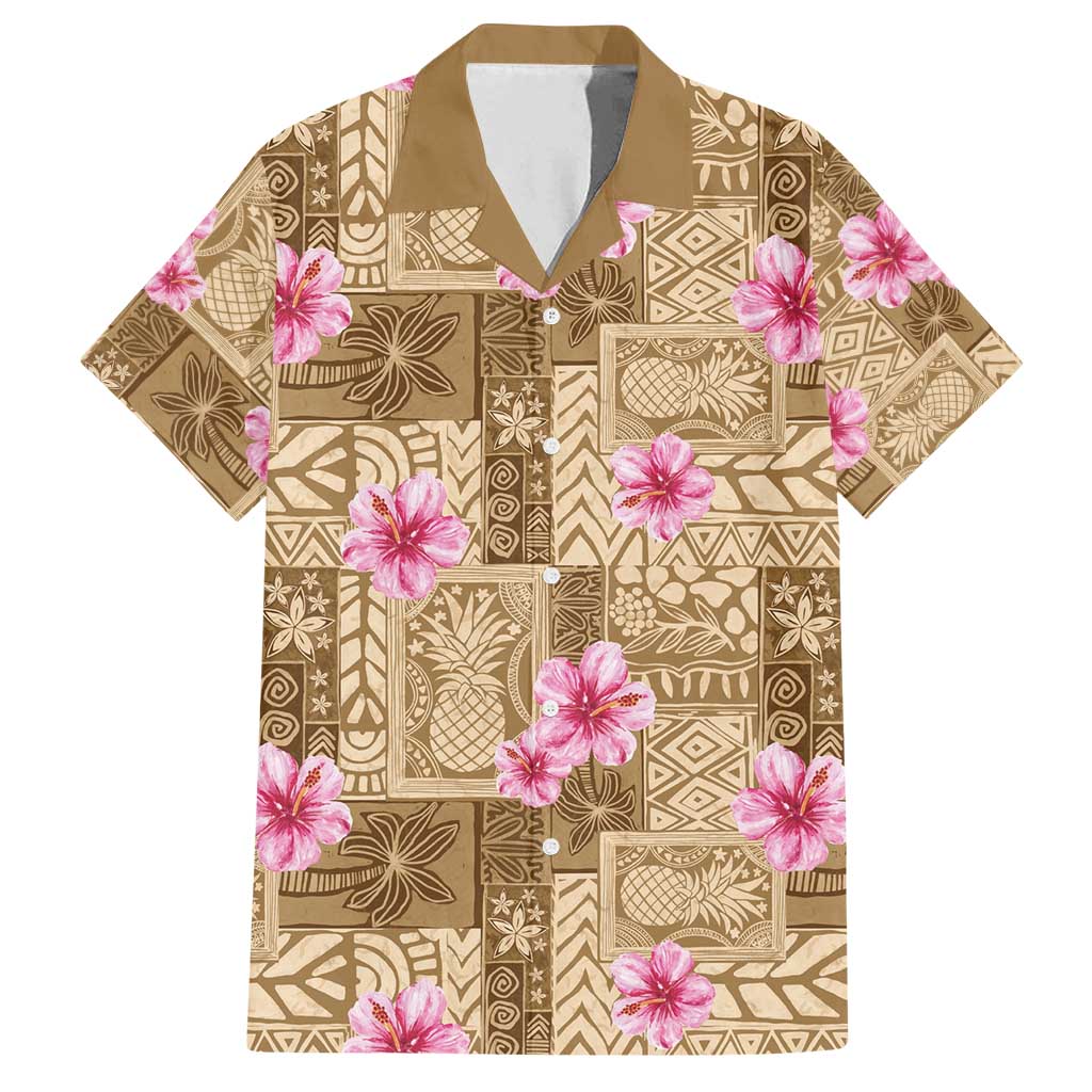 Beige Hawaii Hibiscus With Tropical Flowers Motifs Family Matching Off Shoulder Maxi Dress and Hawaiian Shirt - Polynesian Pride