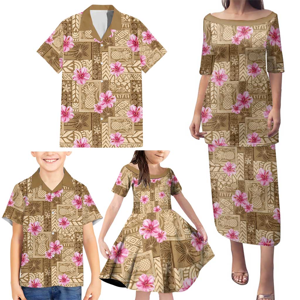 Beige Hawaii Hibiscus With Tropical Flowers Motifs Family Matching Puletasi and Hawaiian Shirt - Polynesian Pride