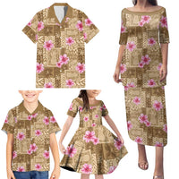 Beige Hawaii Hibiscus With Tropical Flowers Motifs Family Matching Puletasi and Hawaiian Shirt - Polynesian Pride