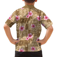 Beige Hawaii Hibiscus With Tropical Flowers Motifs Family Matching Short Sleeve Bodycon Dress and Hawaiian Shirt - Polynesian Pride