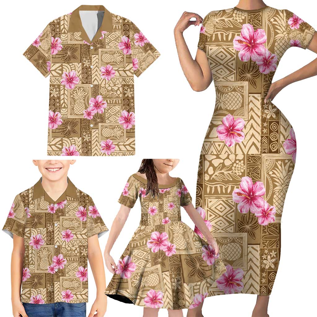 Beige Hawaii Hibiscus With Tropical Flowers Motifs Family Matching Short Sleeve Bodycon Dress and Hawaiian Shirt - Polynesian Pride