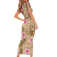 Beige Hawaii Hibiscus With Tropical Flowers Motifs Family Matching Short Sleeve Bodycon Dress and Hawaiian Shirt - Polynesian Pride
