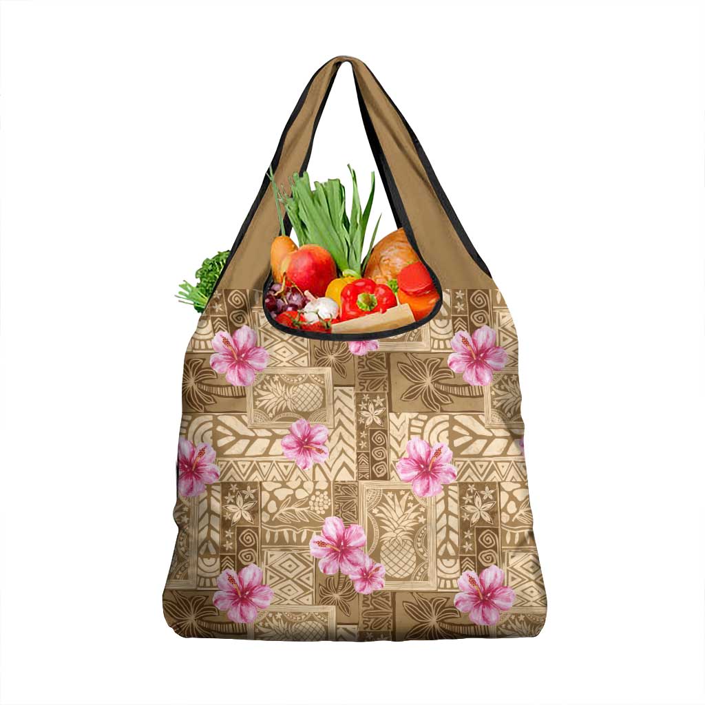 Beige Hawaii Hibiscus With Tropical Flowers Motifs Grocery Bag - Polynesian Pride