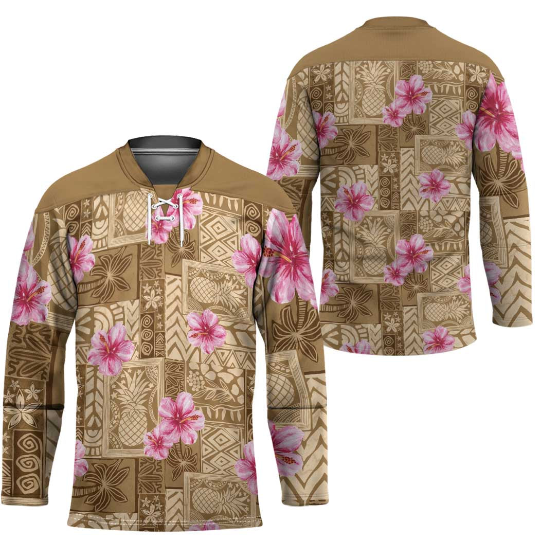 Beige Hawaii Hibiscus With Tropical Flowers Motifs Hockey Jersey - Polynesian Pride