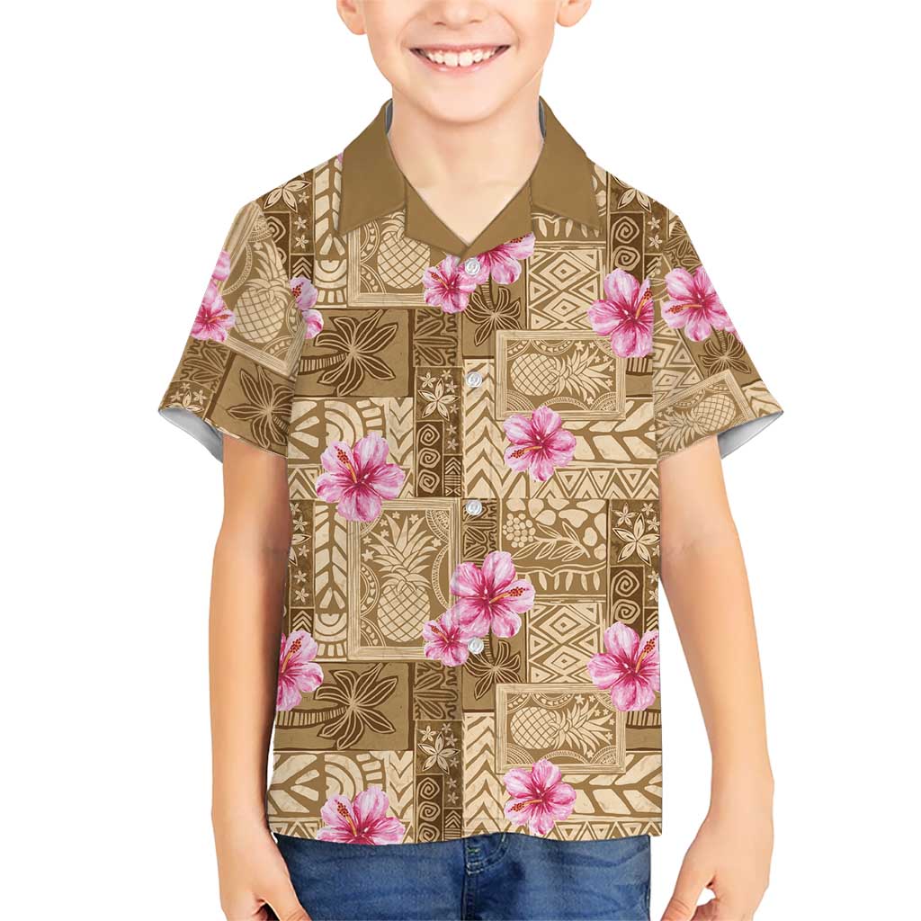 Beige Hawaii Hibiscus With Tropical Flowers Motifs Kid Hawaiian Shirt - Polynesian Pride