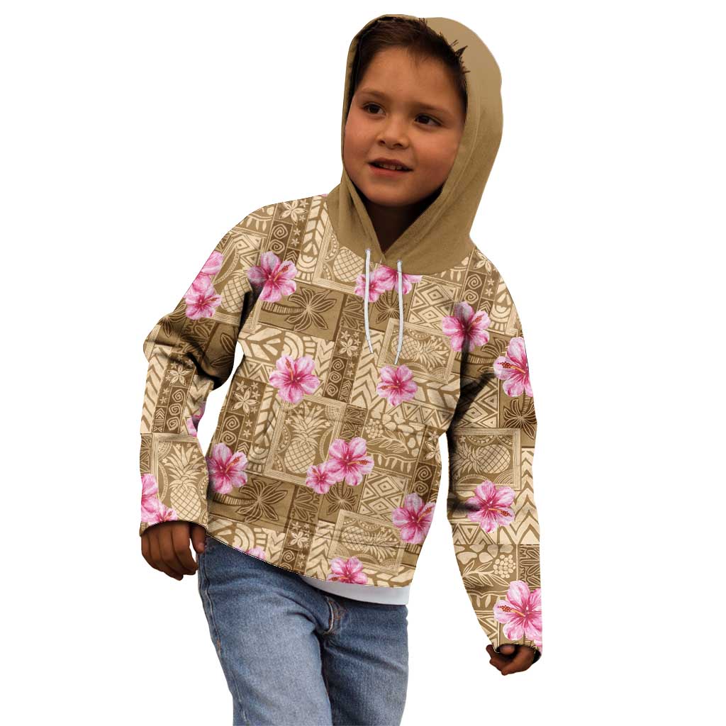 Beige Hawaii Hibiscus With Tropical Flowers Motifs Kid Hoodie - Polynesian Pride