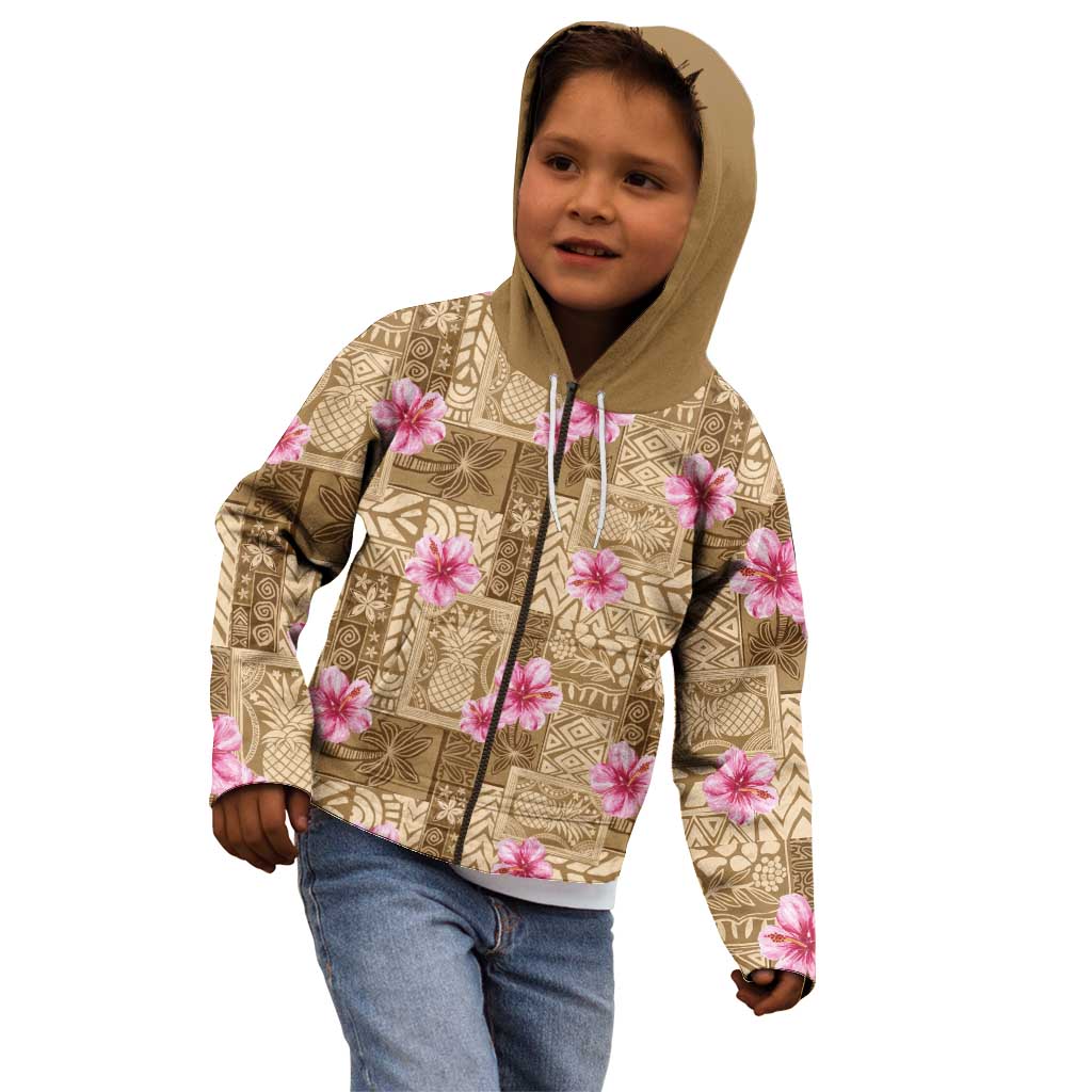 Beige Hawaii Hibiscus With Tropical Flowers Motifs Kid Hoodie - Polynesian Pride