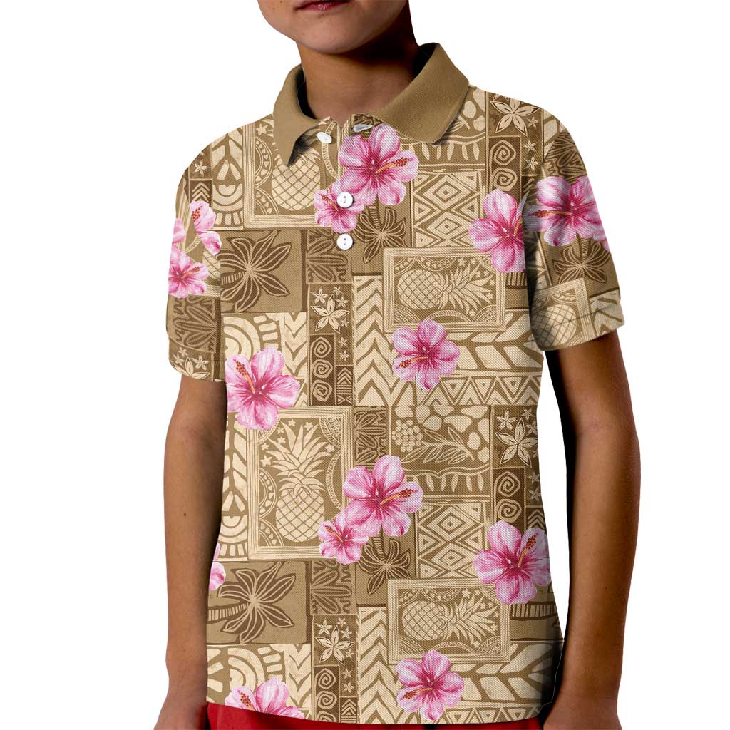 Beige Hawaii Hibiscus With Tropical Flowers Motifs Kid Polo Shirt - Polynesian Pride