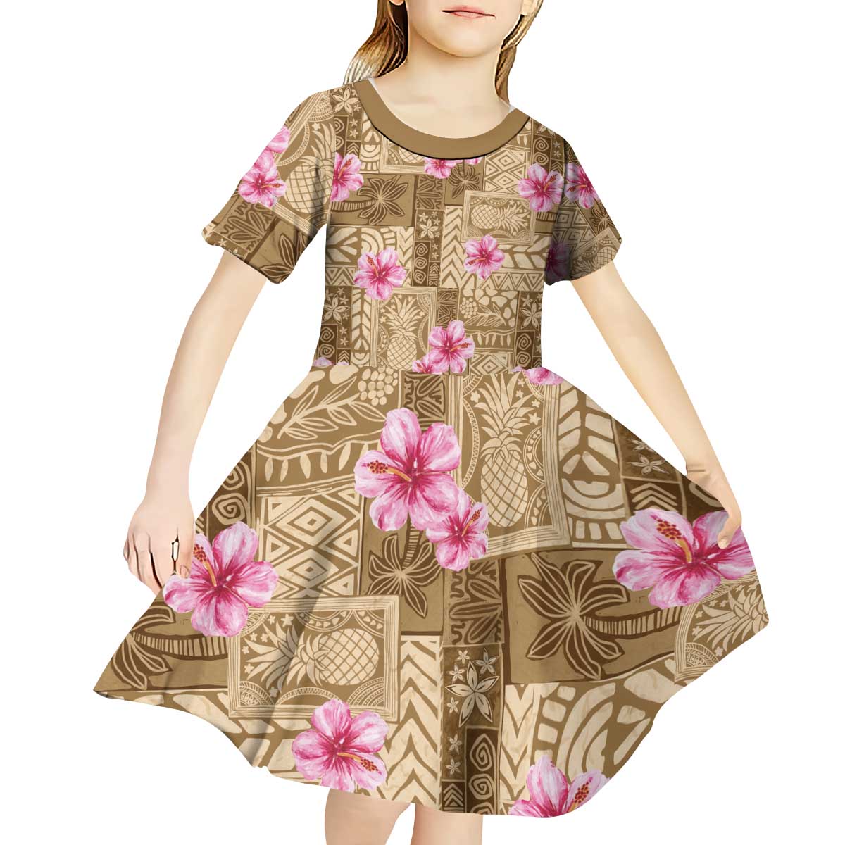 Beige Hawaii Hibiscus With Tropical Flowers Motifs Kid Short Sleeve Dress - Polynesian Pride