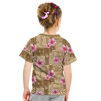 Beige Hawaii Hibiscus With Tropical Flowers Motifs Kid T Shirt - Polynesian Pride