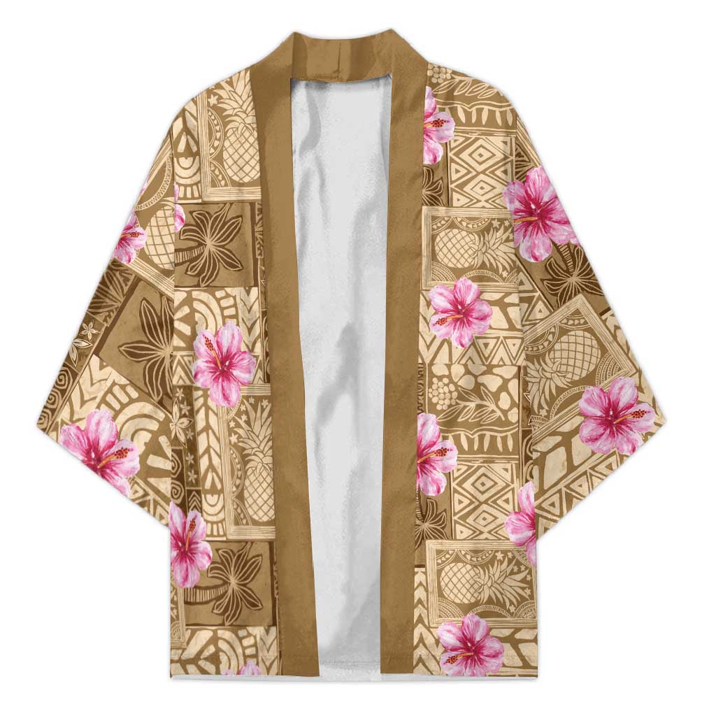 Beige Hawaii Hibiscus With Tropical Flowers Motifs Kimono - Polynesian Pride