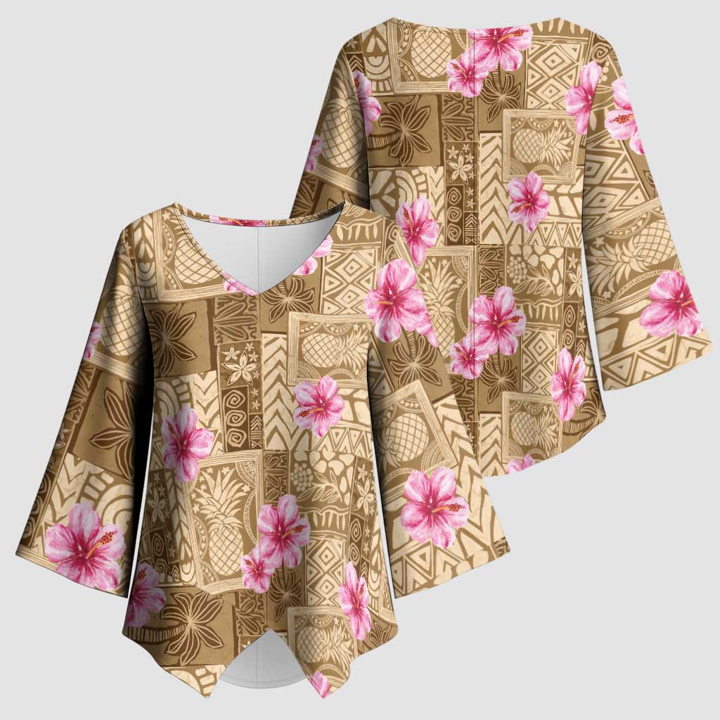 Beige Hawaii Hibiscus With Tropical Flowers Motifs Kimono Sleeve Blouse - Polynesian Pride