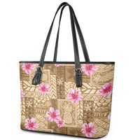Beige Hawaii Hibiscus With Tropical Flowers Motifs Leather Tote Bag - Polynesian Pride