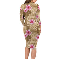 Beige Hawaii Hibiscus With Tropical Flowers Motifs Long Sleeve Bodycon Dress - Polynesian Pride