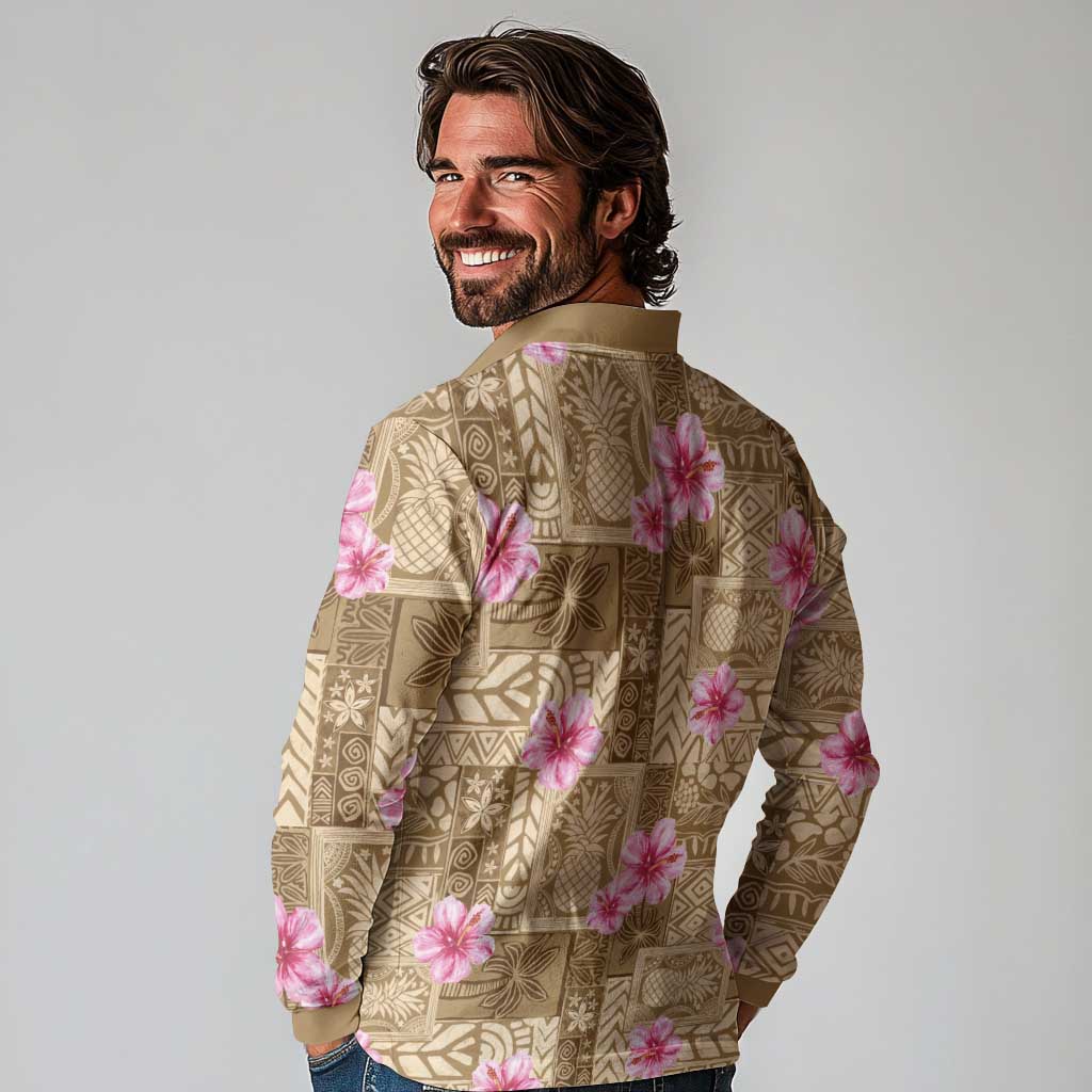 Beige Hawaii Hibiscus With Tropical Flowers Motifs Long Sleeve Polo Shirt - Polynesian Pride