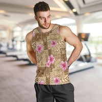 Beige Hawaii Hibiscus With Tropical Flowers Motifs Men Tank Top - Polynesian Pride